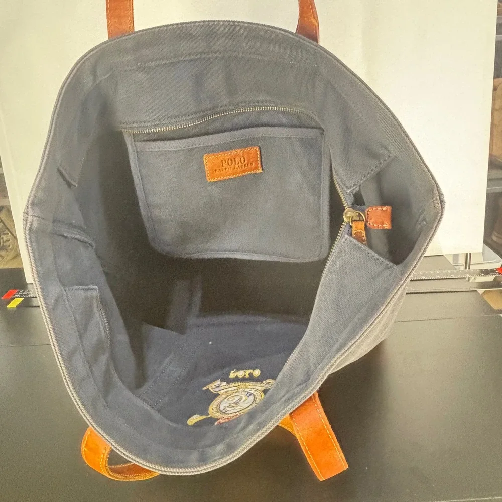 Vintage Polo Ralph Lauren Tote Bag Navy Canvas Leather Crest Heritage Preppy 90s